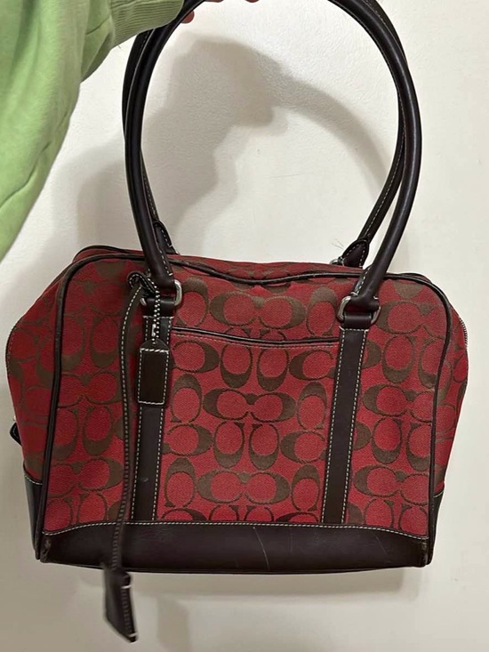 Coach | Bags | Coach Red Signature Canvas Satchel With Brown Leather ...